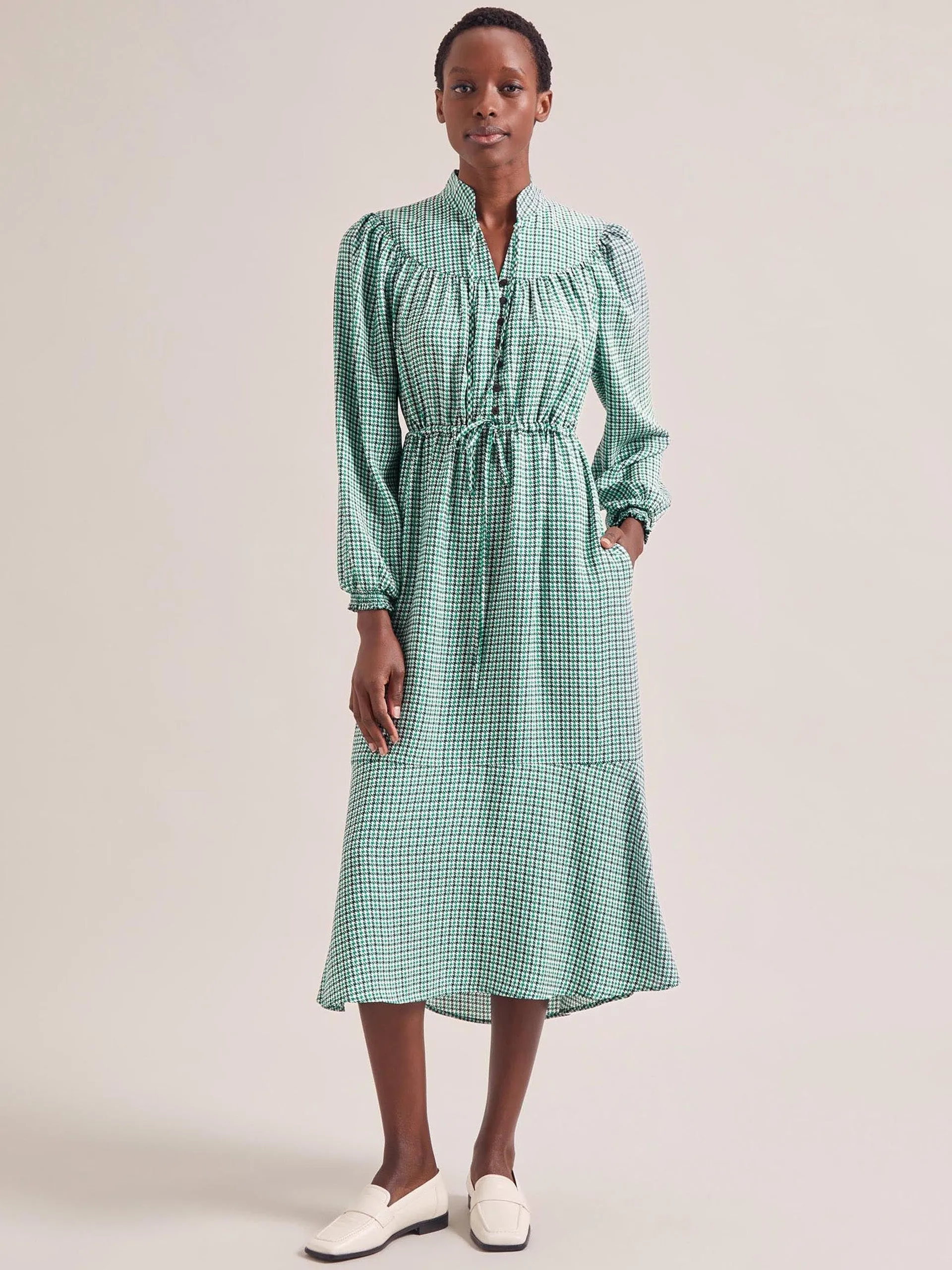 Ecru green houndstooth print Zahra midi dress