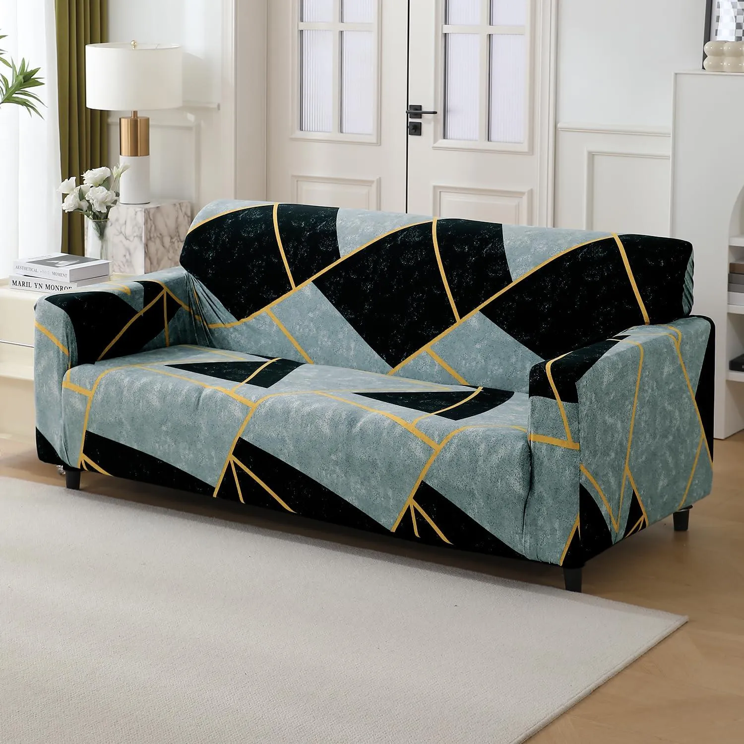 Elastic Stretchable Printed 140gsm Fully Covered Sofa Cover, Abstract Geometry