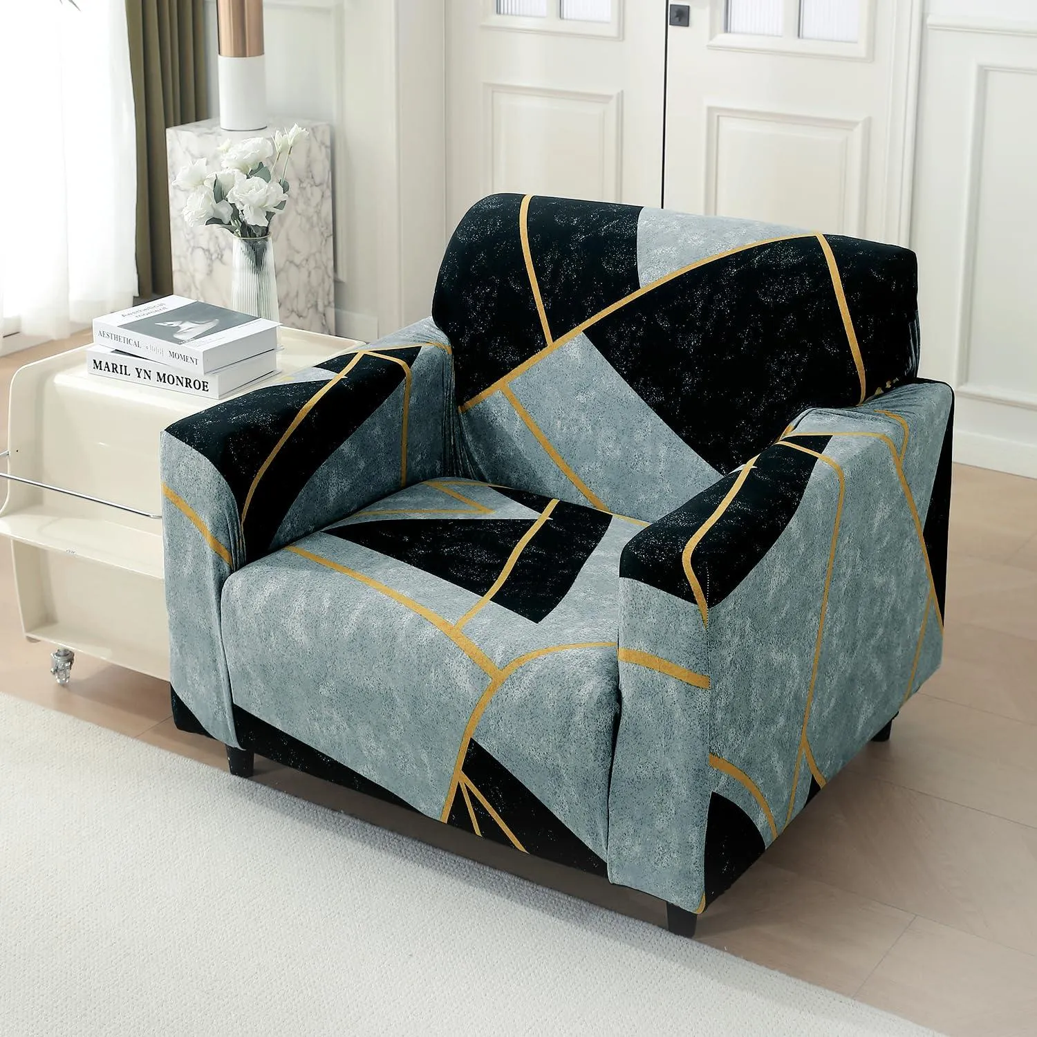 Elastic Stretchable Printed 140gsm Fully Covered Sofa Cover, Abstract Geometry