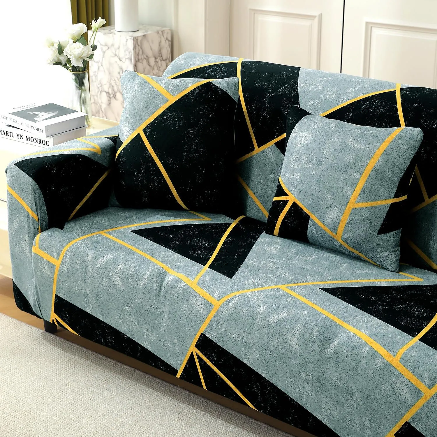 Elastic Stretchable Printed 140gsm Fully Covered Sofa Cover, Abstract Geometry