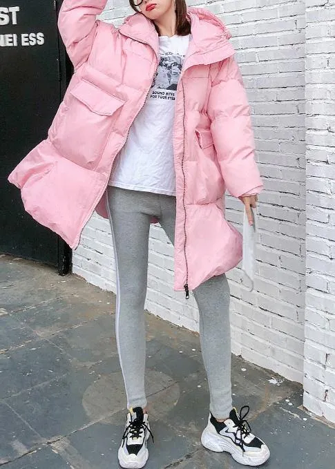 Elegant trendy plus size Jackets & Coats big pockets outwear pink thick hooded overcoat