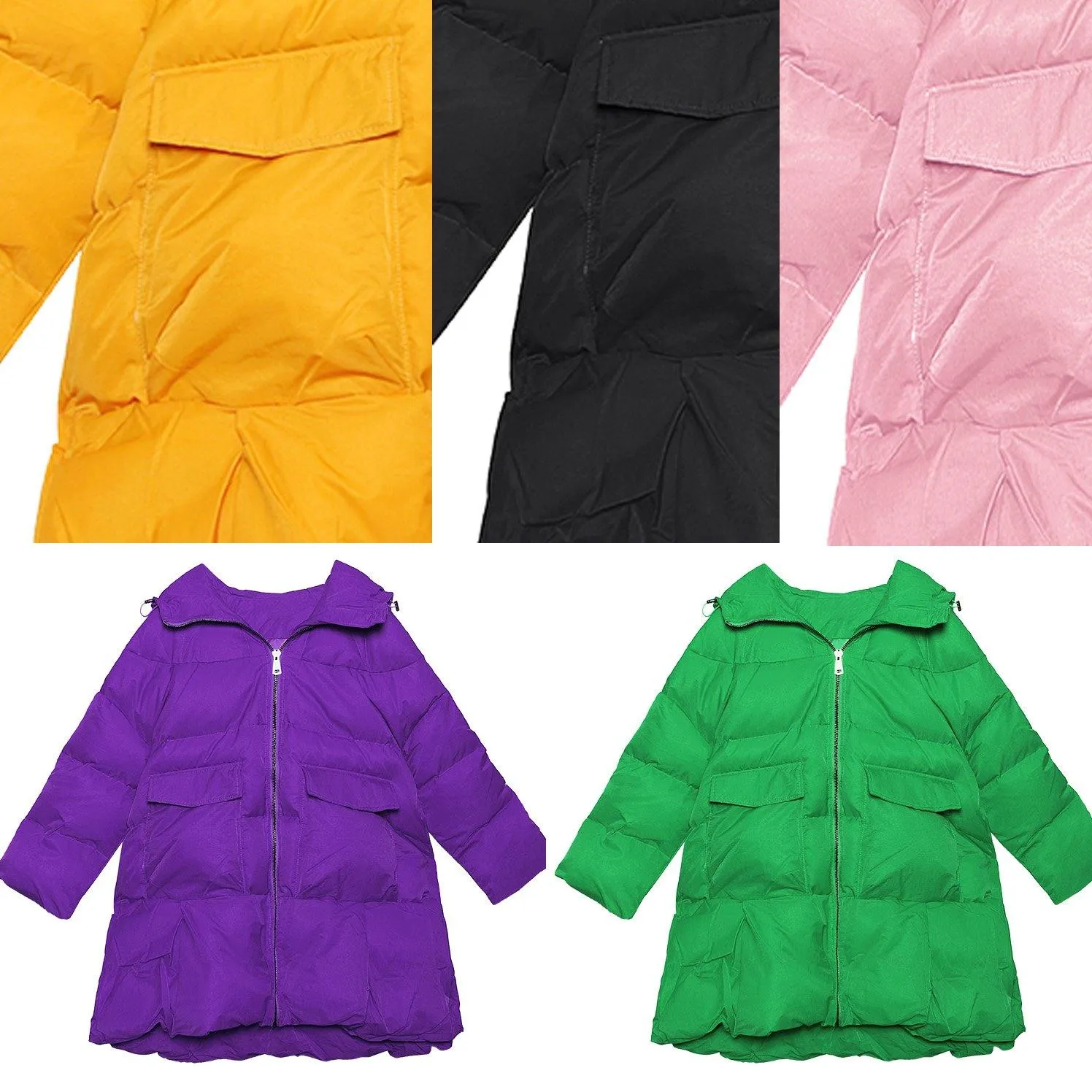 Elegant trendy plus size Jackets & Coats big pockets outwear pink thick hooded overcoat