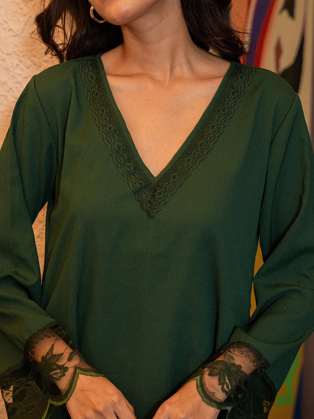 Emerald Green Soft Crepe V-Neck Midi Night Gown