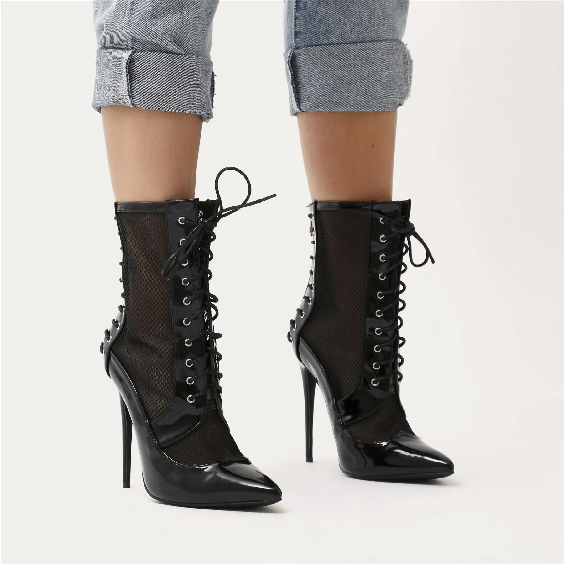 Eshal Lace Up Mesh Detail Pointed Toe Ankle Boots in Black Patent