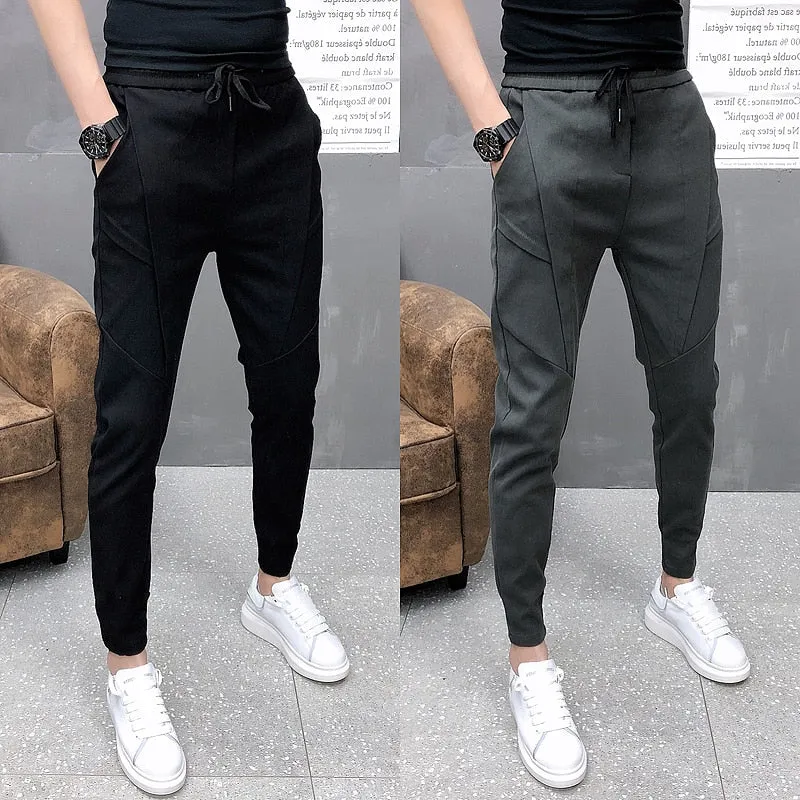 Fashion Korean Solid Joggers Men High Quality Spring Autumn Pants Men Slim Fit Drawstring Mens Casual Pants Black/Gray 36-28 Hot