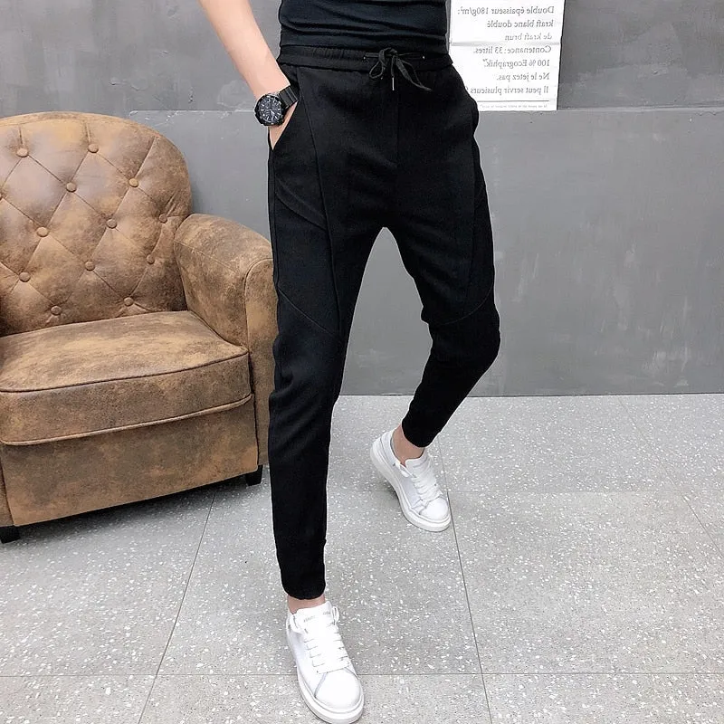 Fashion Korean Solid Joggers Men High Quality Spring Autumn Pants Men Slim Fit Drawstring Mens Casual Pants Black/Gray 36-28 Hot