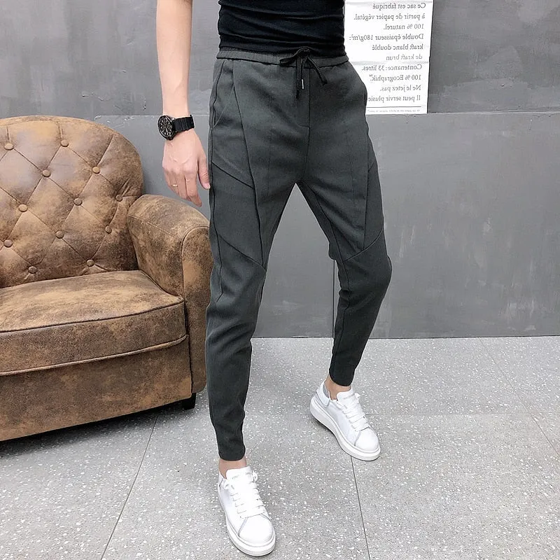 Fashion Korean Solid Joggers Men High Quality Spring Autumn Pants Men Slim Fit Drawstring Mens Casual Pants Black/Gray 36-28 Hot