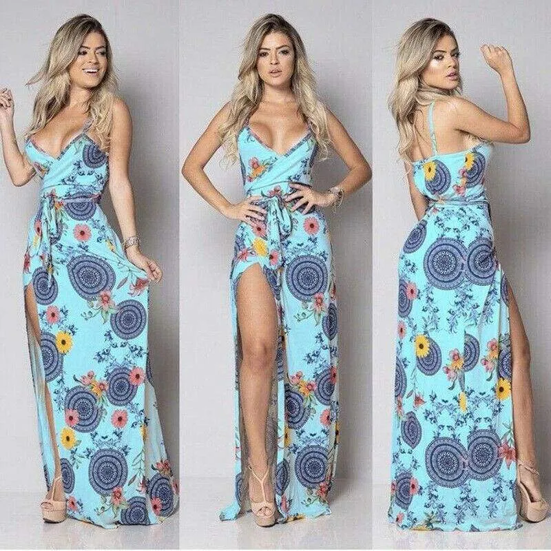 FashionSierra - New Women Summer Vintage Boho Sleeveless Long Maxi Dress Ladies V-Neck Fashion Beach Party Dress Sundress