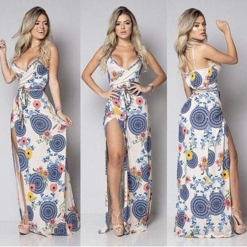 FashionSierra - New Women Summer Vintage Boho Sleeveless Long Maxi Dress Ladies V-Neck Fashion Beach Party Dress Sundress