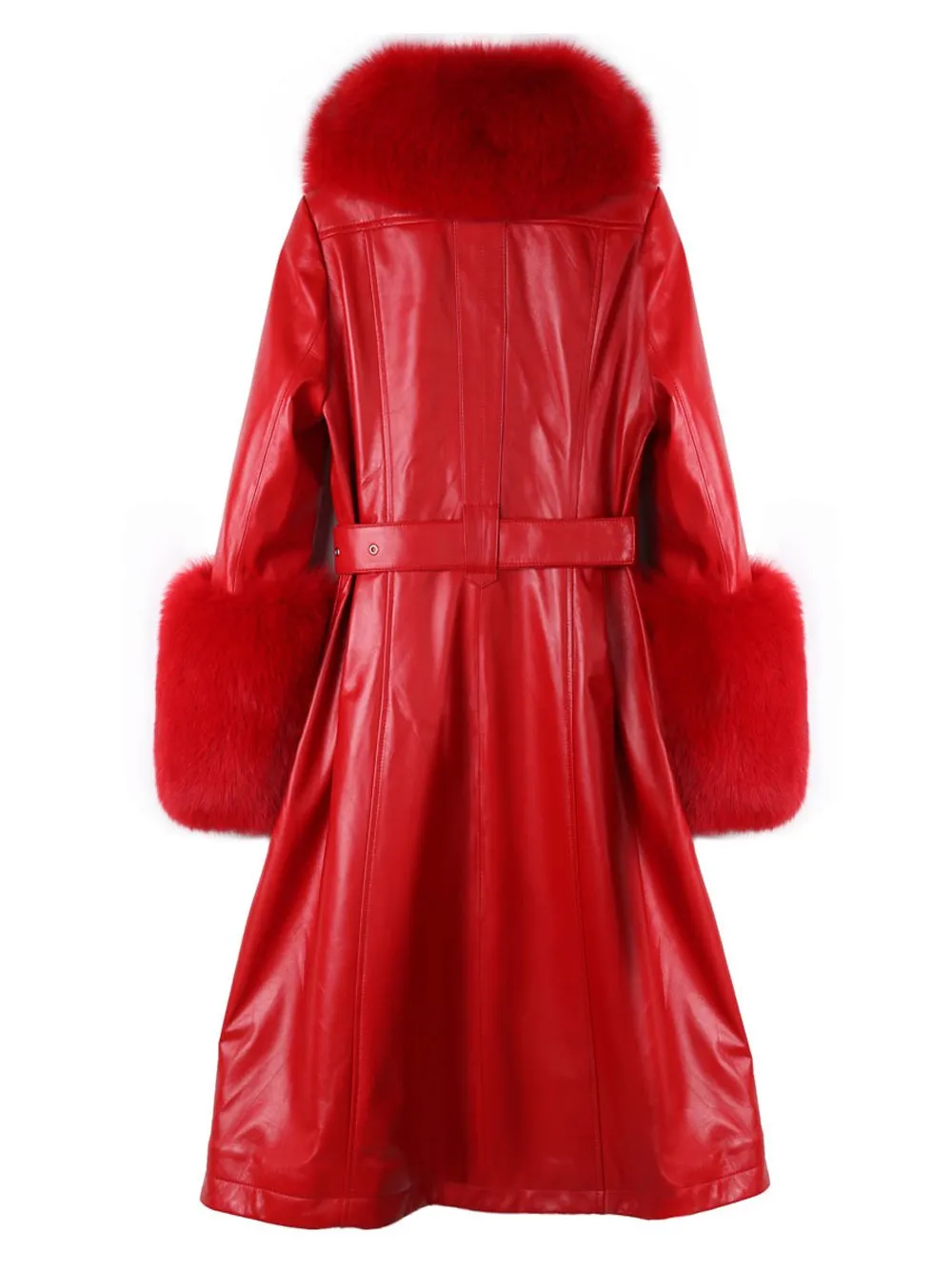 Faux Fur Genuine Leather Coat in Red