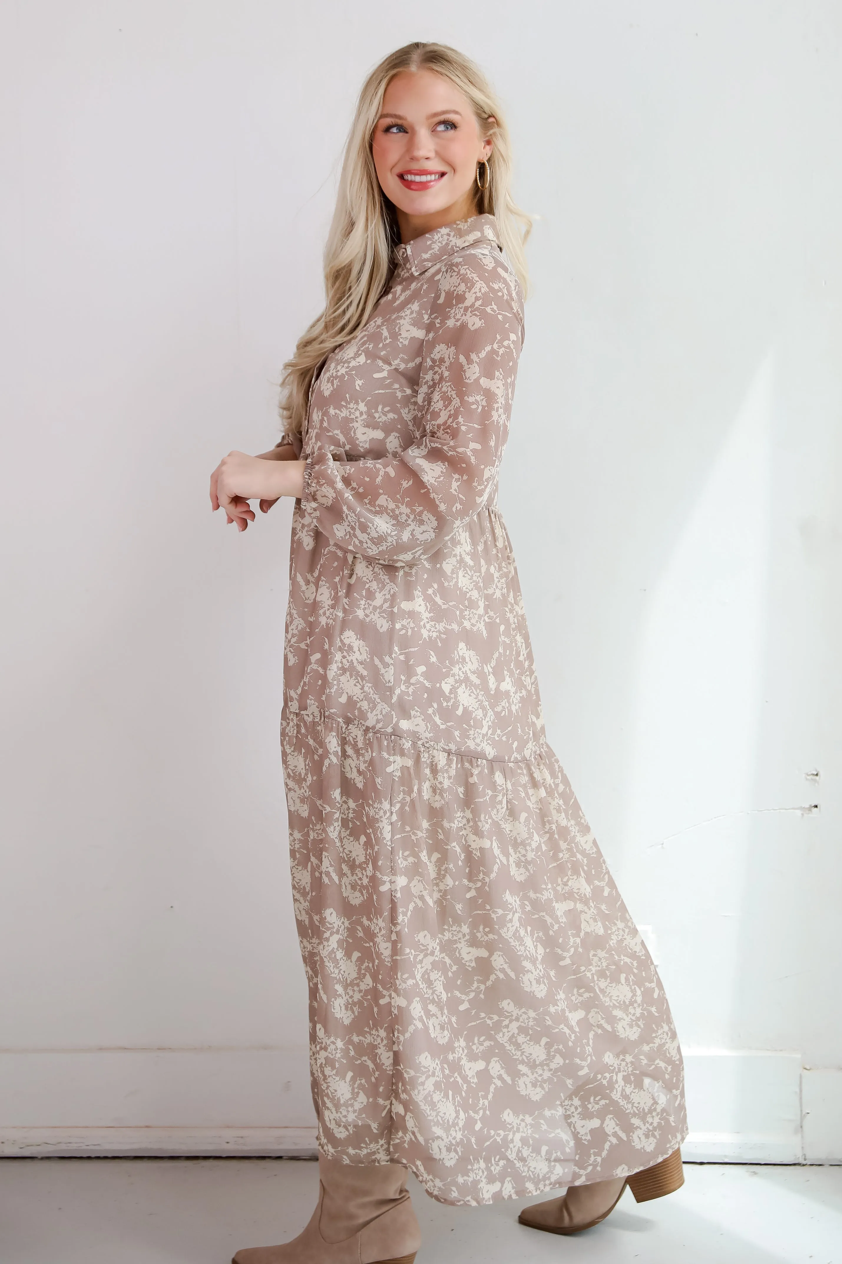 FINAL SALE - Impactful Elegance Taupe Floral Maxi Dress