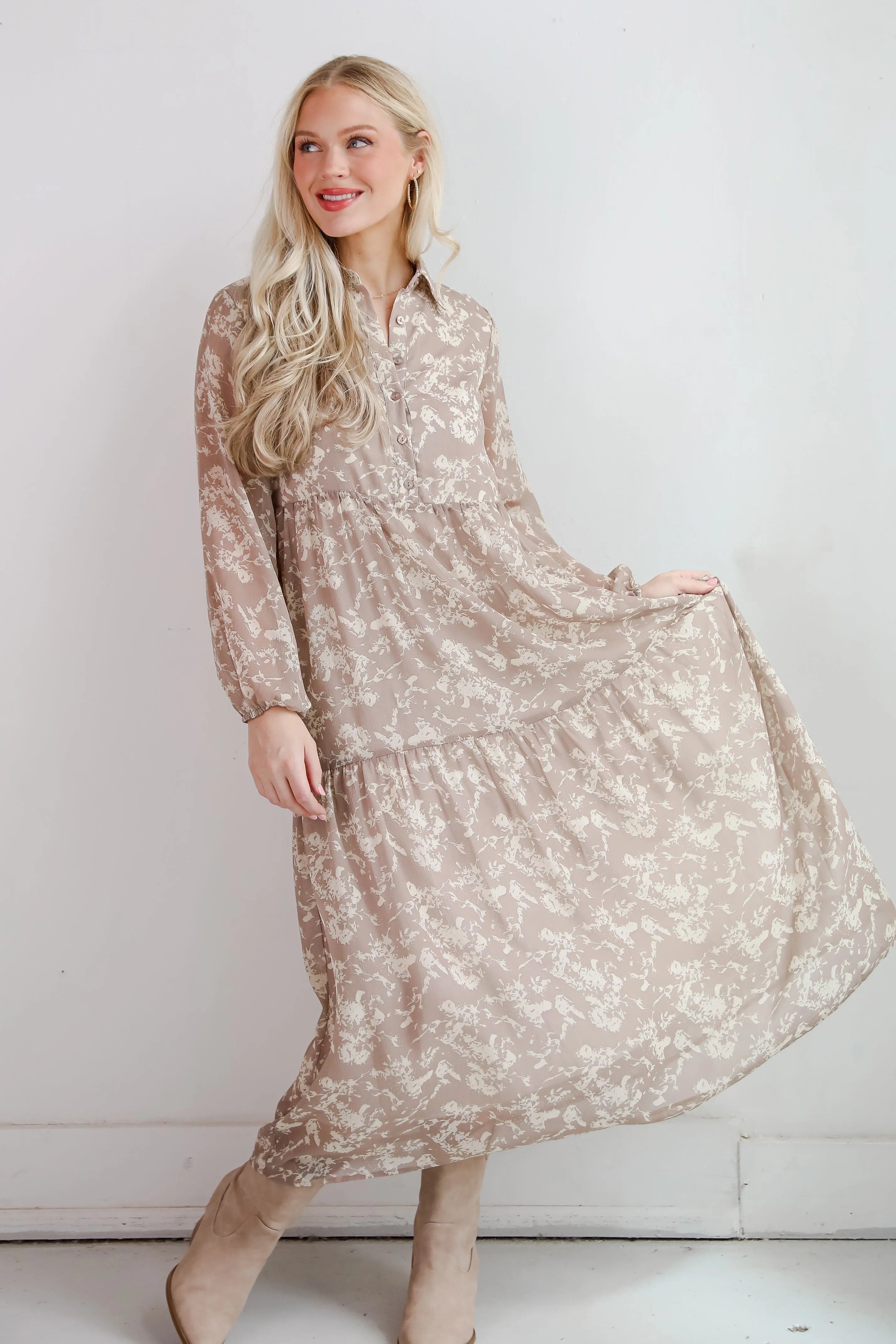 FINAL SALE - Impactful Elegance Taupe Floral Maxi Dress