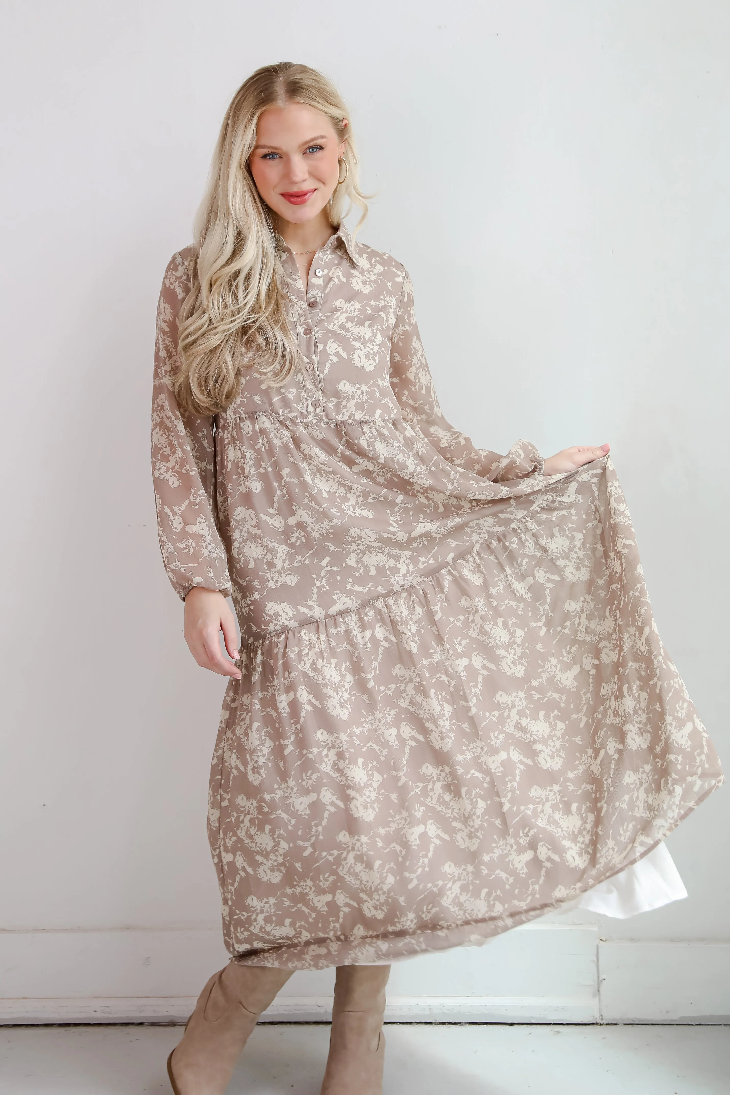 FINAL SALE - Impactful Elegance Taupe Floral Maxi Dress