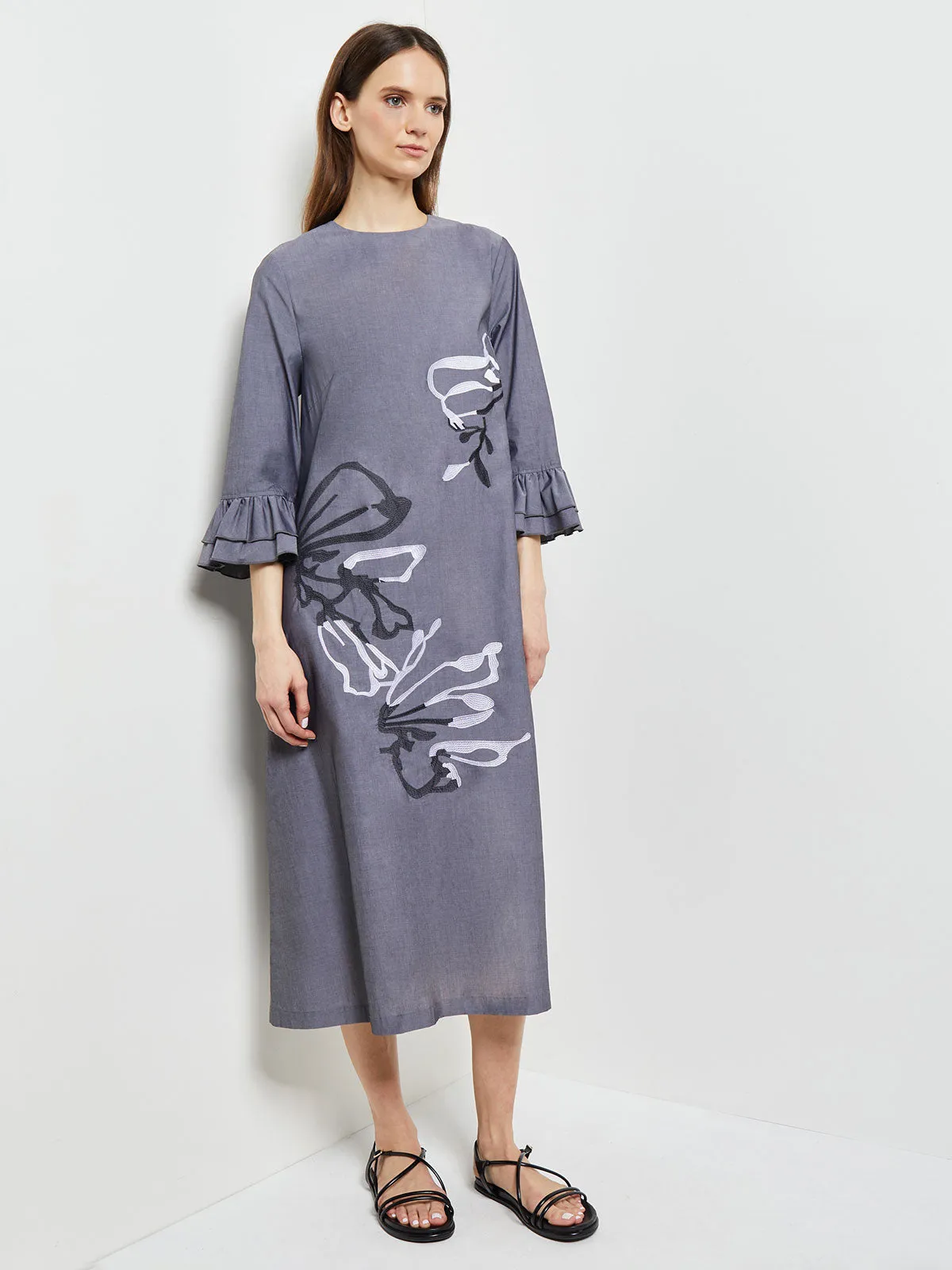 Floral Embroidered Cotton Poplin Midi Dress, Grey