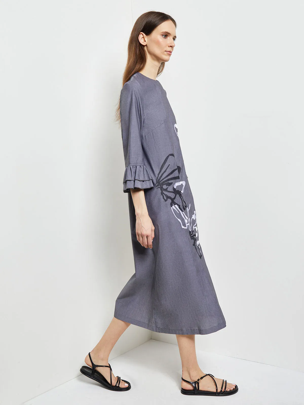 Floral Embroidered Cotton Poplin Midi Dress, Grey