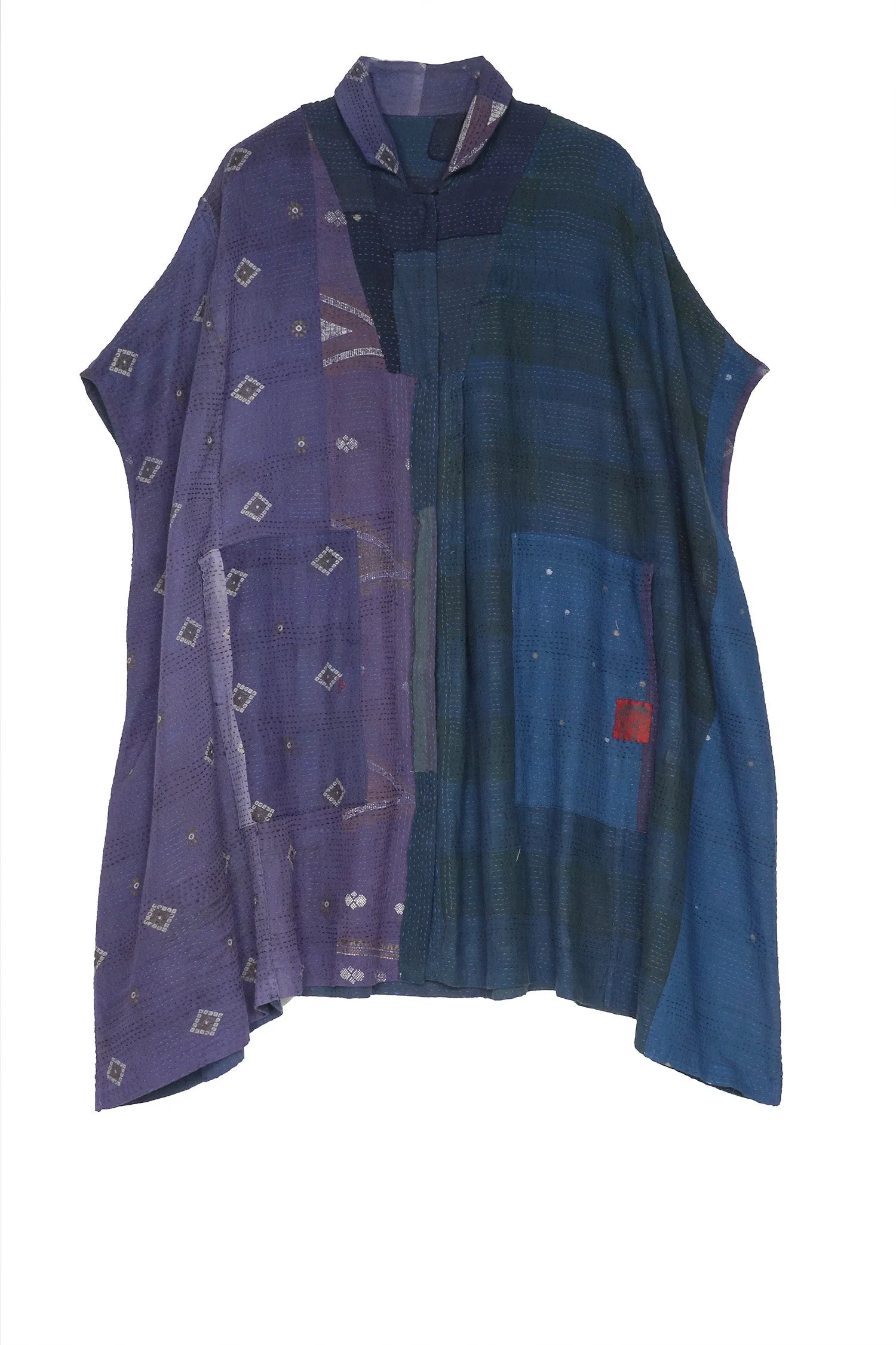 FRAYED PATCH KANTHA SHIRT PONCHO - fi2545-nvy -