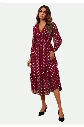 FS Collection Lace Trim Foil Long Sleeve Maxi Dress In Wine