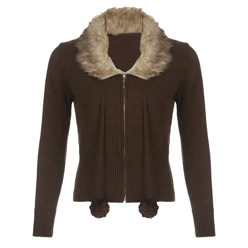 Fur Trim Collar Sweaters Zipper Jacket