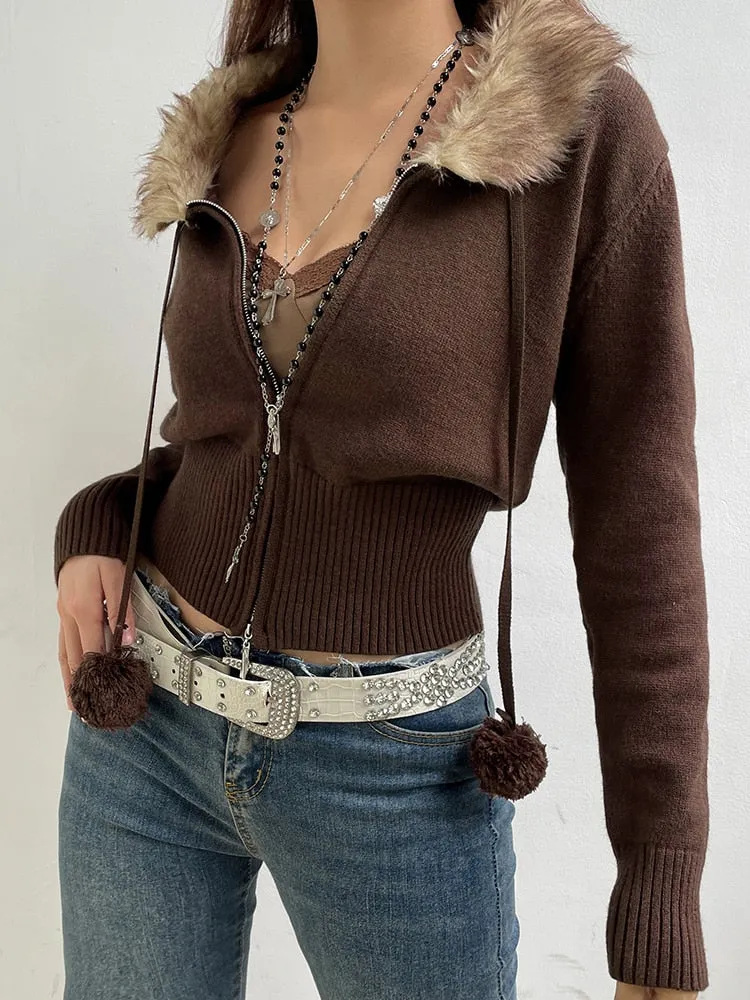 Fur Trim Collar Sweaters Zipper Jacket