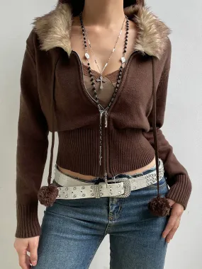 Fur Trim Collar Sweaters Zipper Jacket