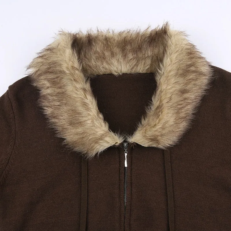 Fur Trim Collar Sweaters Zipper Jacket