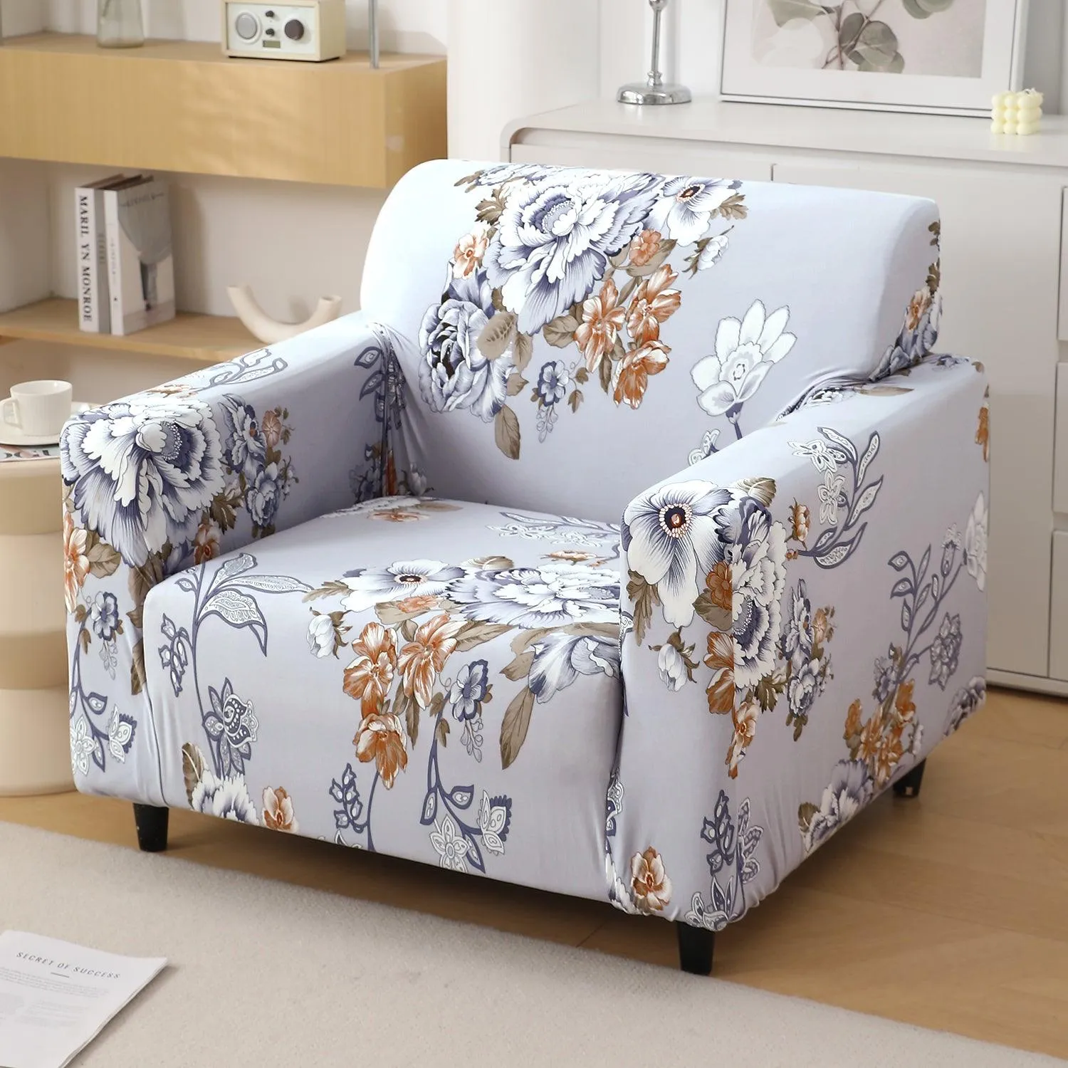 Gentle Grey Dahlia Printed Elastic Sofa Cover