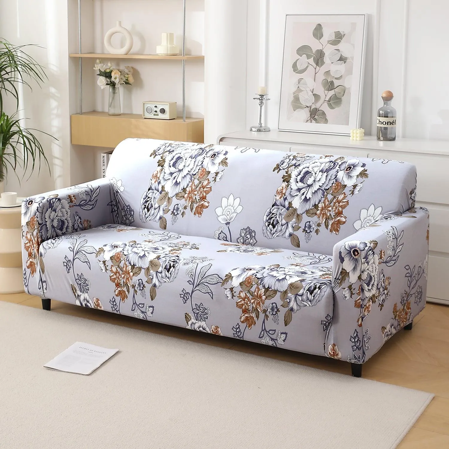 Gentle Grey Dahlia Printed Elastic Sofa Cover