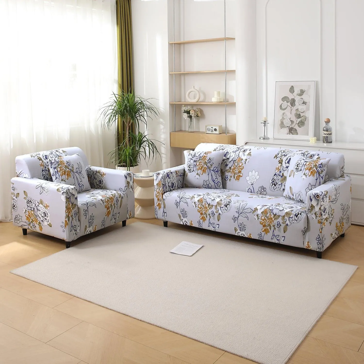 Gentle Grey Dahlia Printed Elastic Sofa Cover