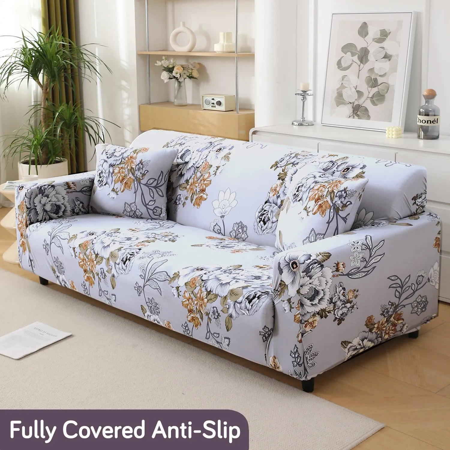 Gentle Grey Dahlia Printed Elastic Sofa Cover