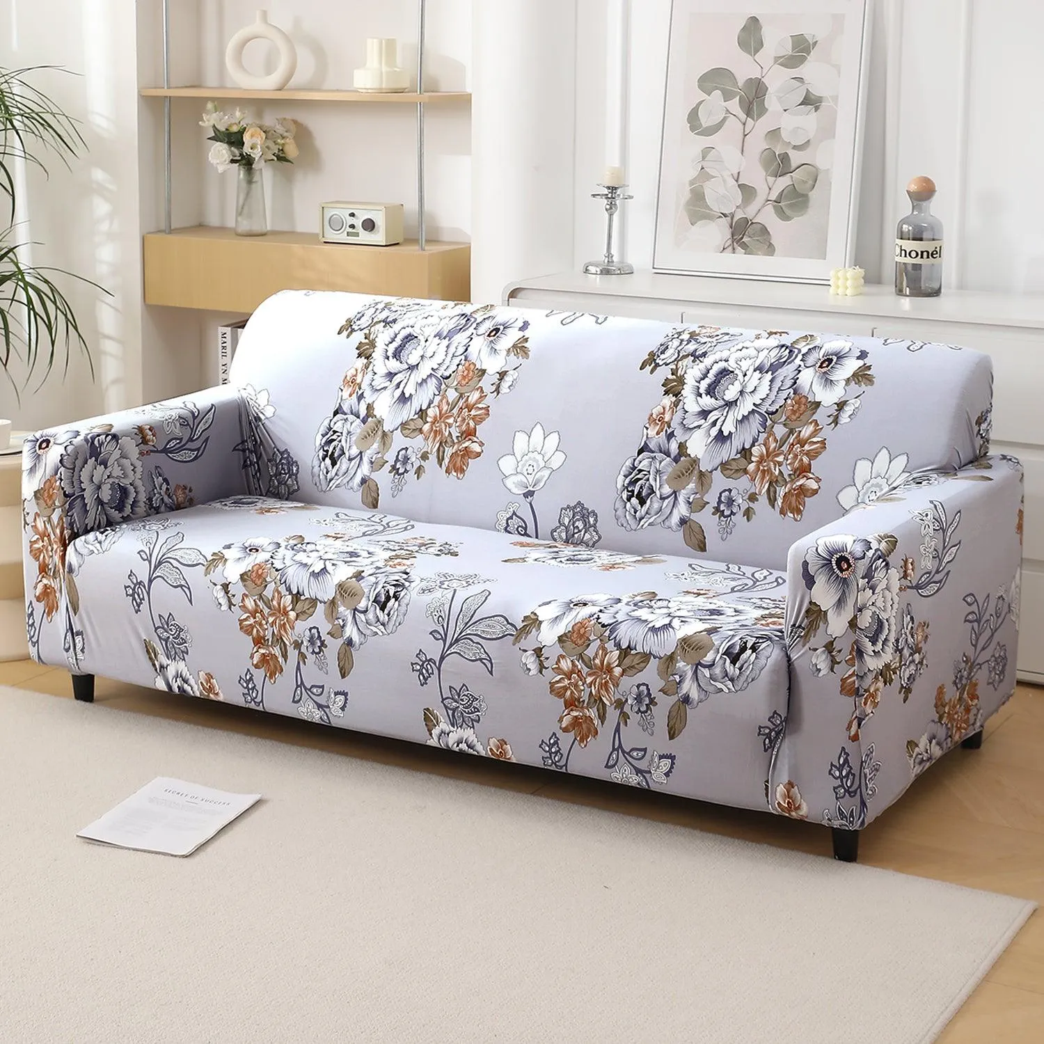 Gentle Grey Dahlia Printed Elastic Sofa Cover