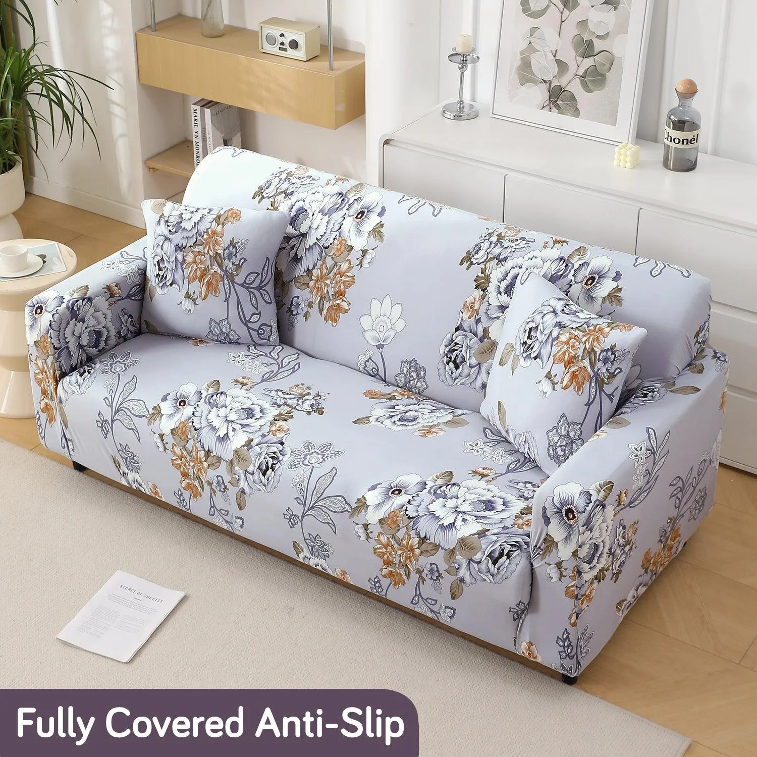 Gentle Grey Dahlia Printed Elastic Sofa Cover