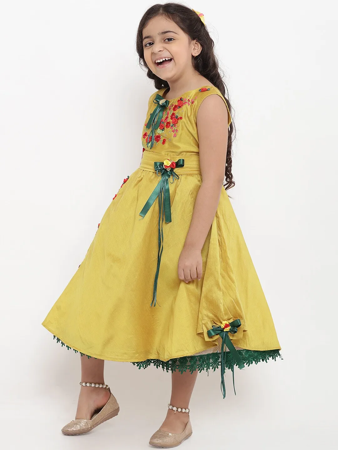 Girl's Yellow Embellished Fit And Flare Dress  - NOZ2TOZ KIDS