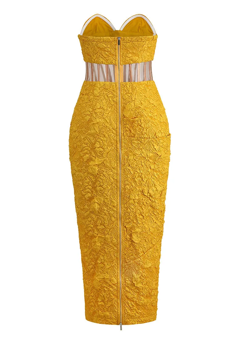 Glamorous Floral Jacquard Strapless Corset Cocktail Midi Dress - Yellow