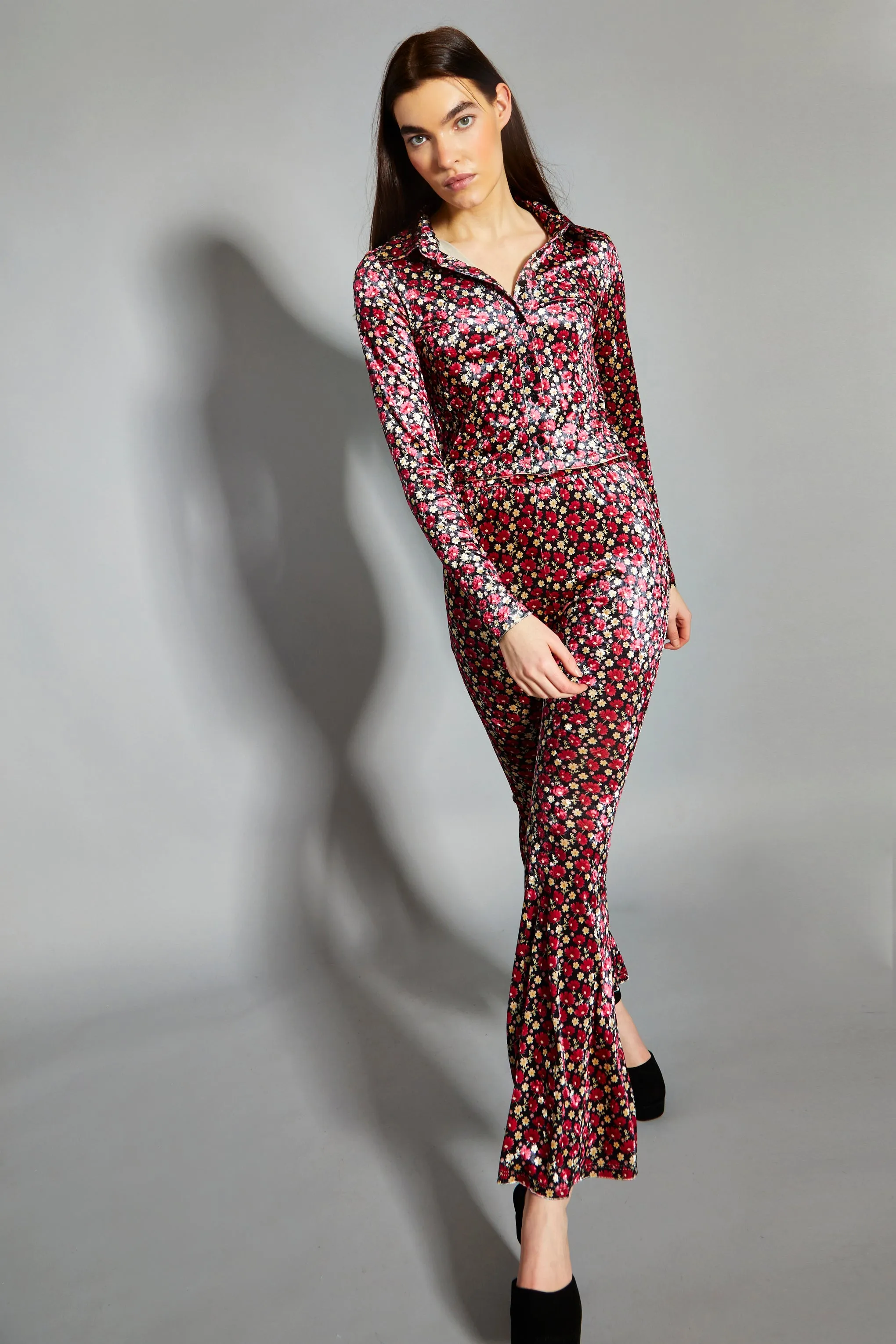 Glamorous Floral Print Velvet High Waisted Flared Trousers