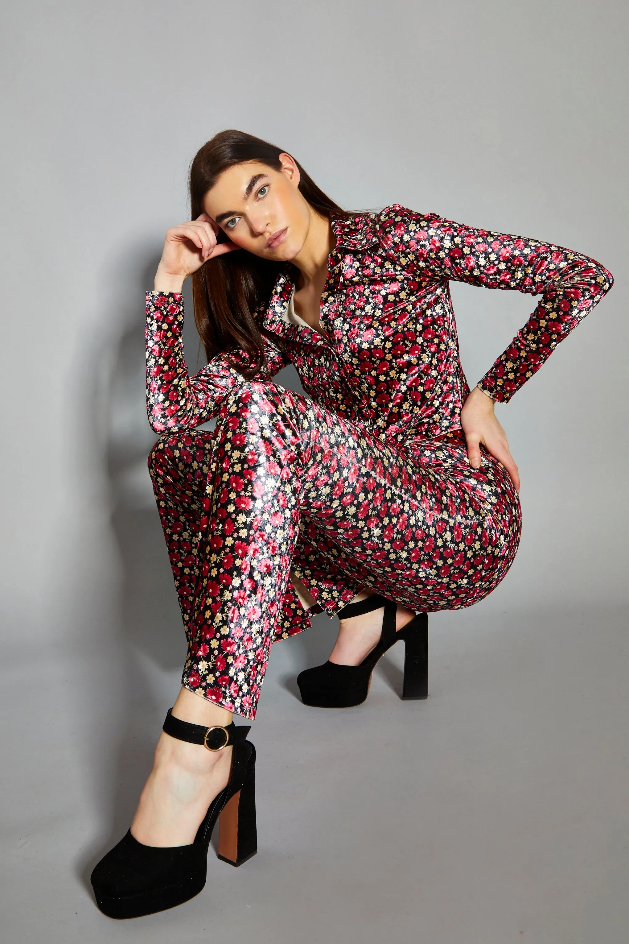 Glamorous Floral Print Velvet High Waisted Flared Trousers