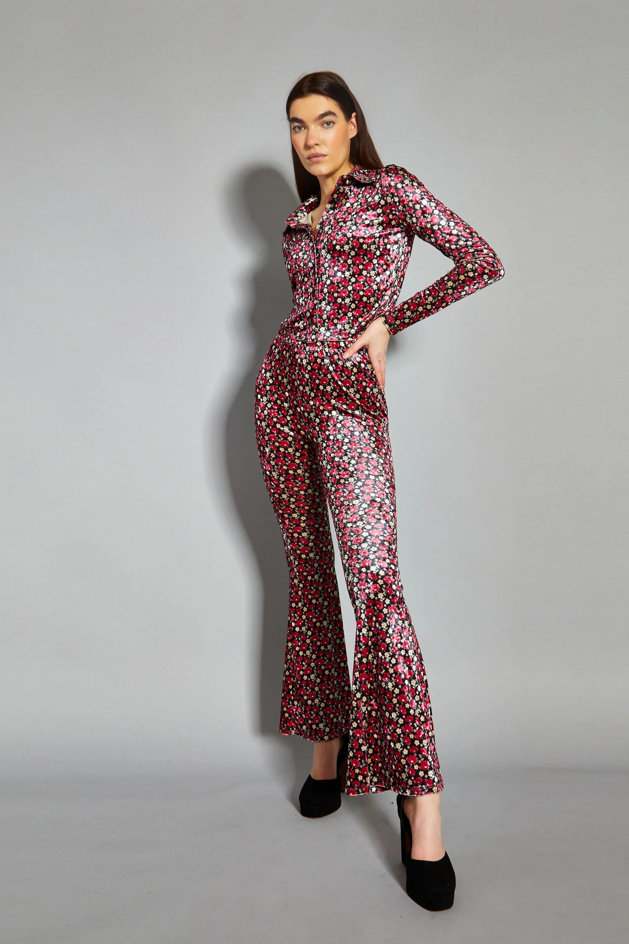 Glamorous Floral Print Velvet High Waisted Flared Trousers