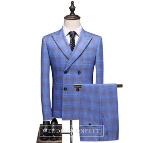 Gordon Groom Men's Sky Blue Checkered Suit Jacket, Vest and Pants (3 Piece)