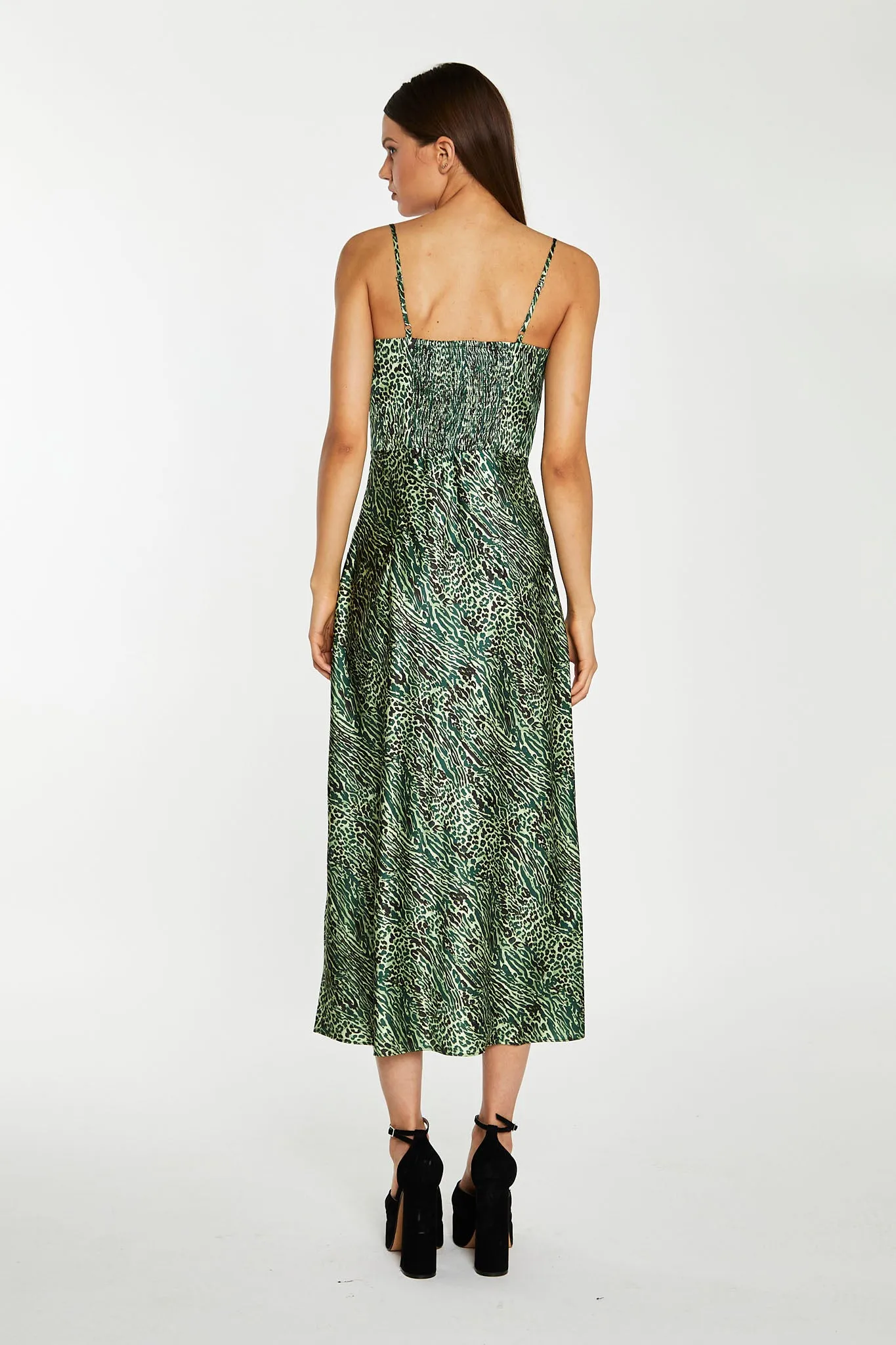 Green-Black Animal Strappy Milkmaid Midi-Dress