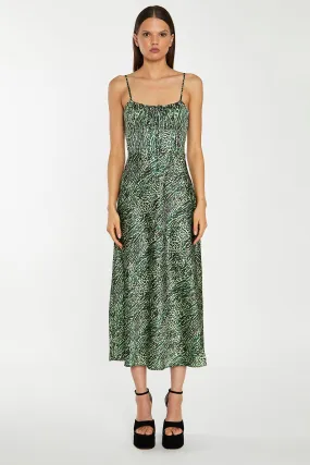 Green-Black Animal Strappy Milkmaid Midi-Dress