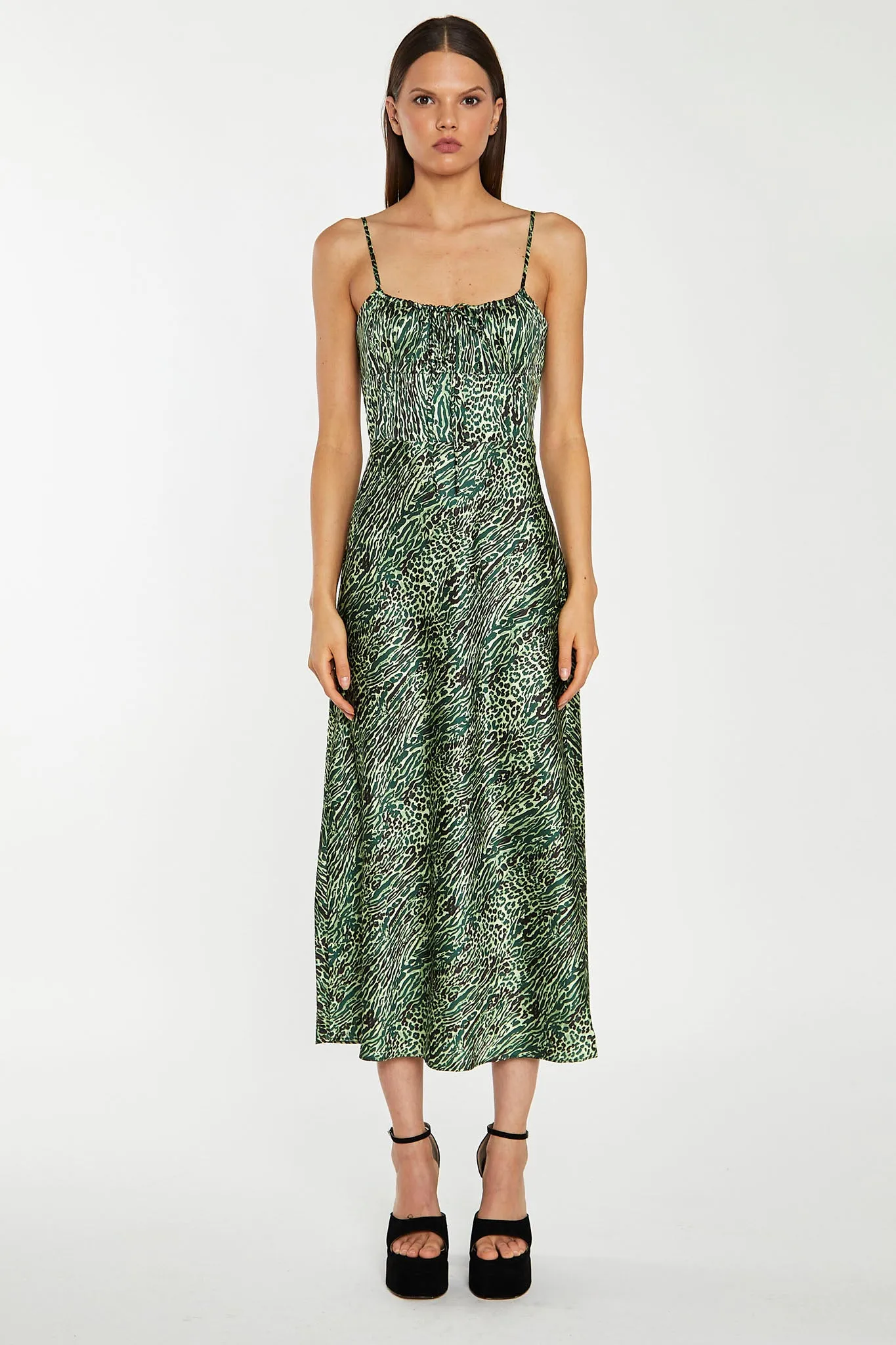 Green-Black Animal Strappy Milkmaid Midi-Dress