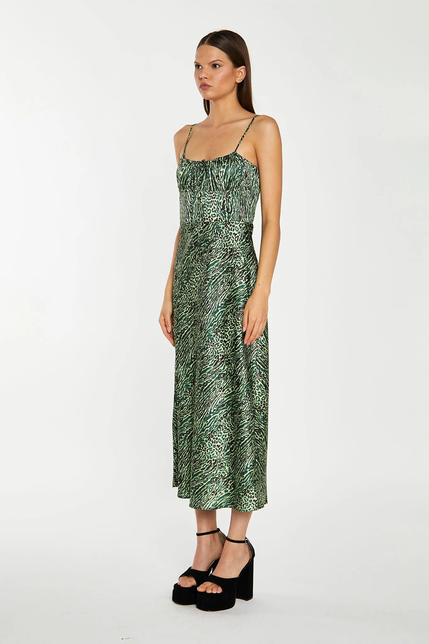 Green-Black Animal Strappy Milkmaid Midi-Dress