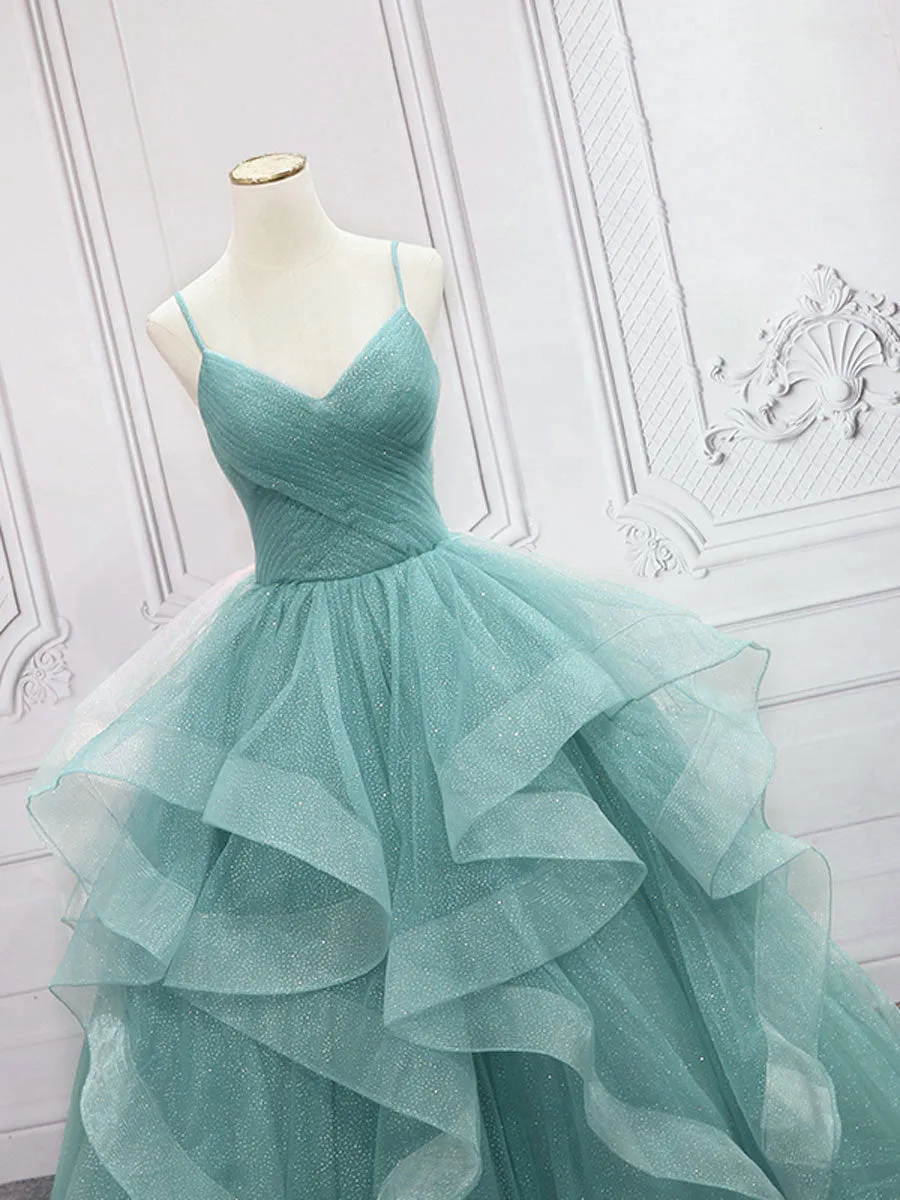 Green V Neck Tulle Long Prom Dress, Green Sweet 16 Dress