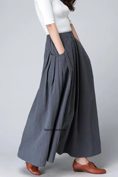 Grey long linen skirt, pockets skirt, summer skirt 1498#