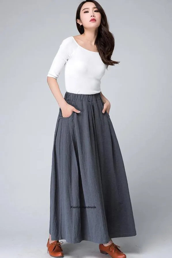 Grey long linen skirt, pockets skirt, summer skirt 1498#