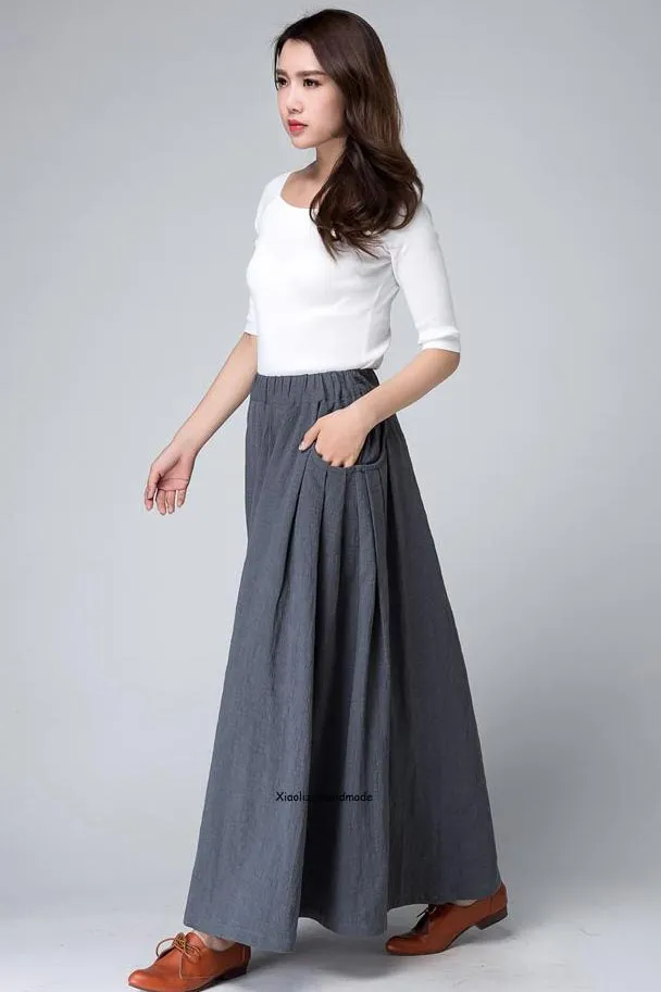 Grey long linen skirt, pockets skirt, summer skirt 1498#