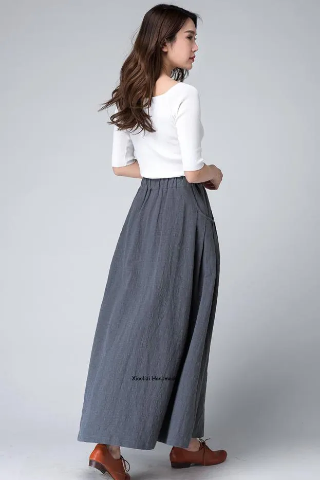 Grey long linen skirt, pockets skirt, summer skirt 1498#