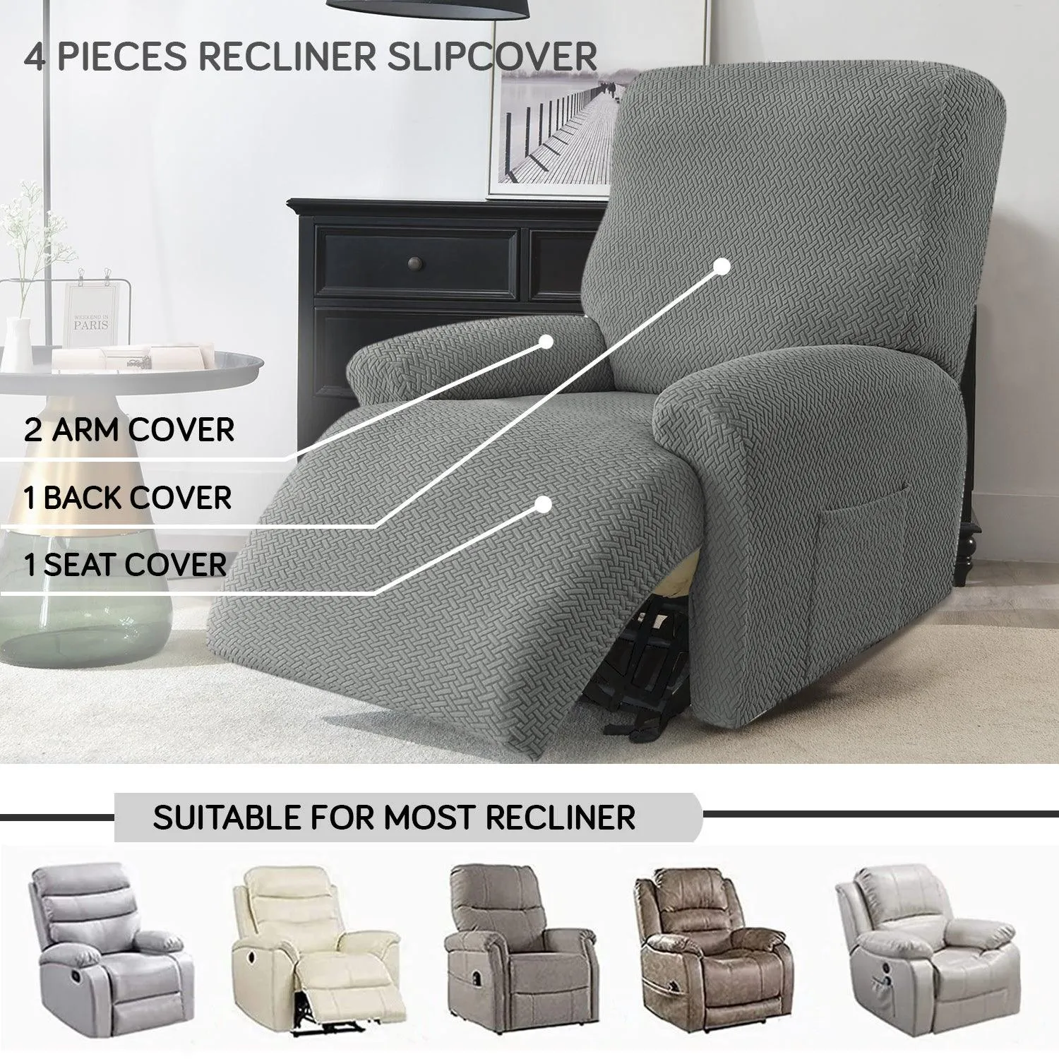 Grey Stretchable Jacquard Recliner Sofa Cover | Elastic & Anti-Slip