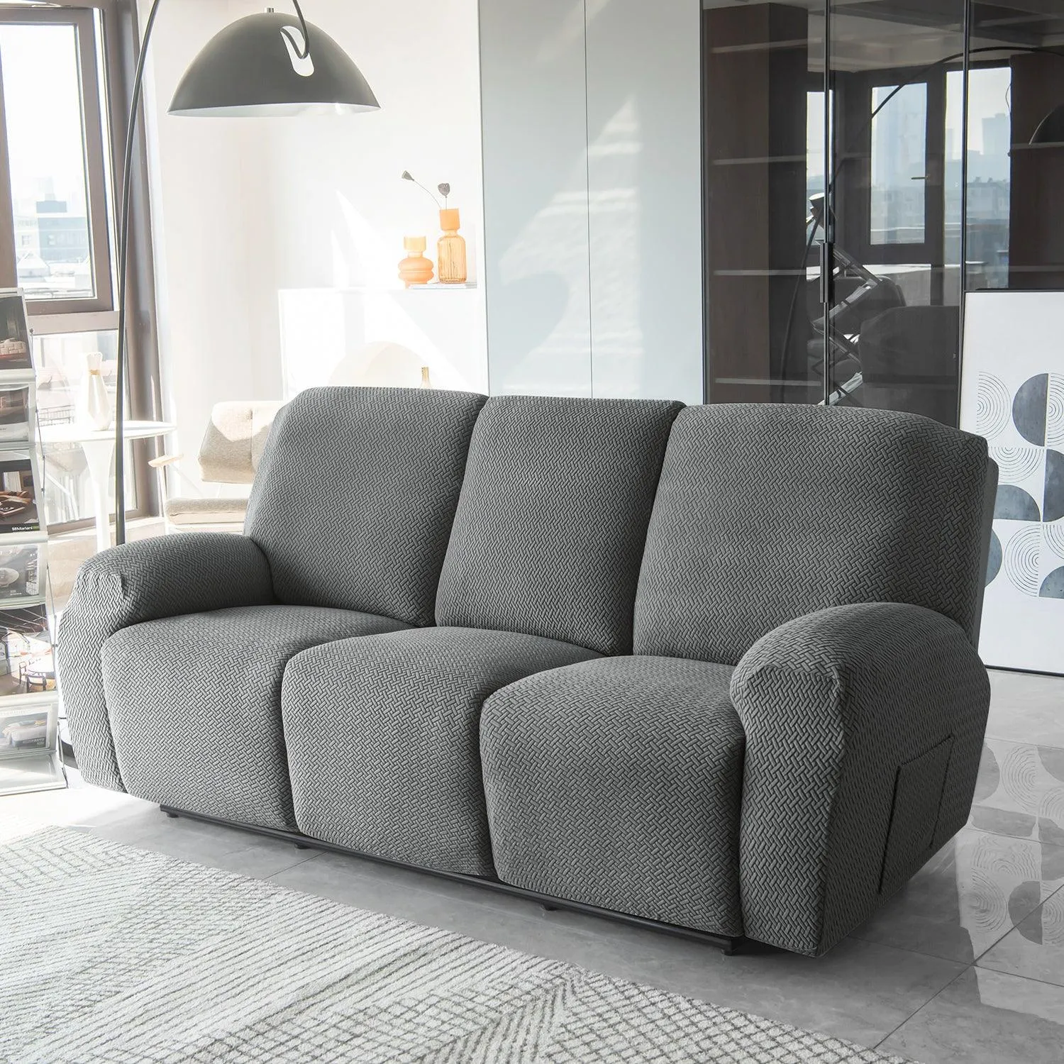 Grey Stretchable Jacquard Recliner Sofa Cover | Elastic & Anti-Slip