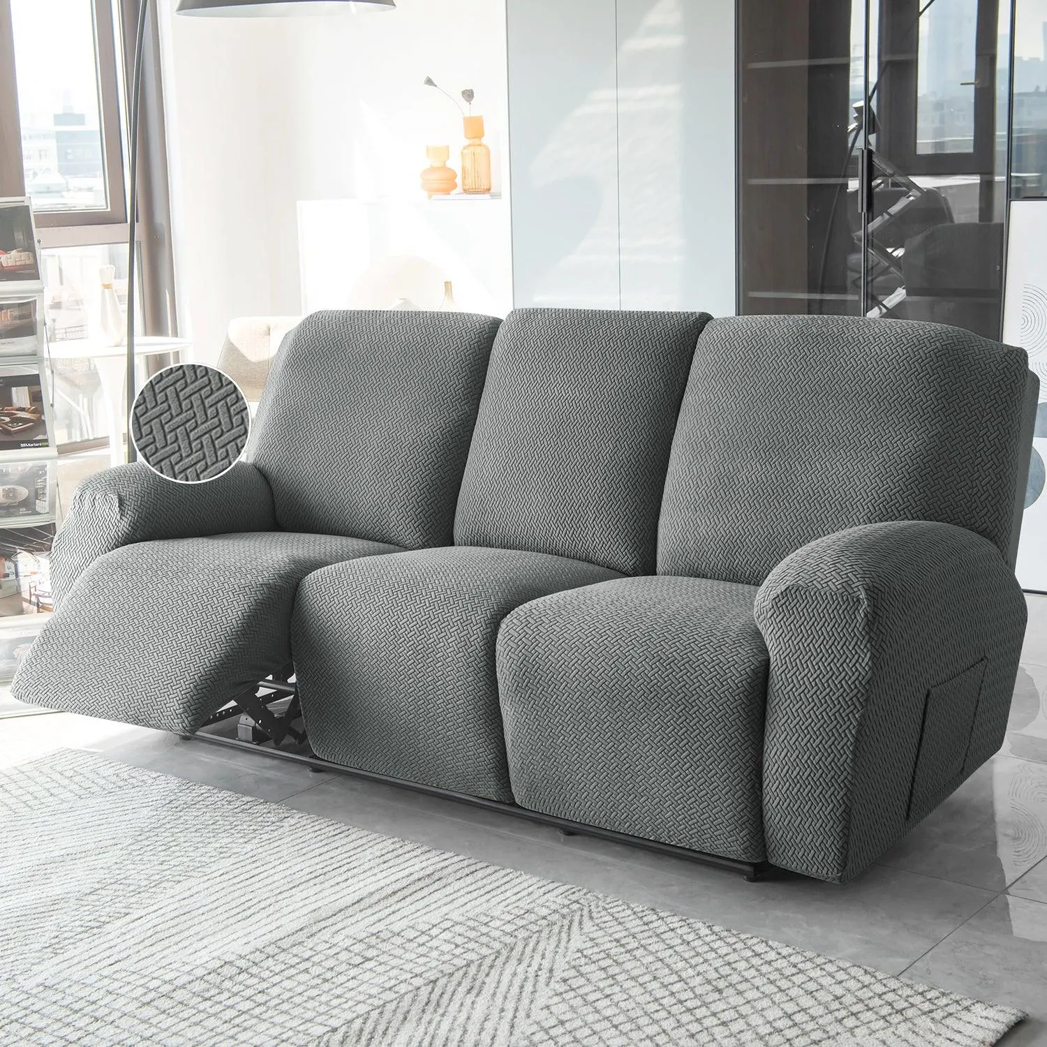 Grey Stretchable Jacquard Recliner Sofa Cover | Elastic & Anti-Slip