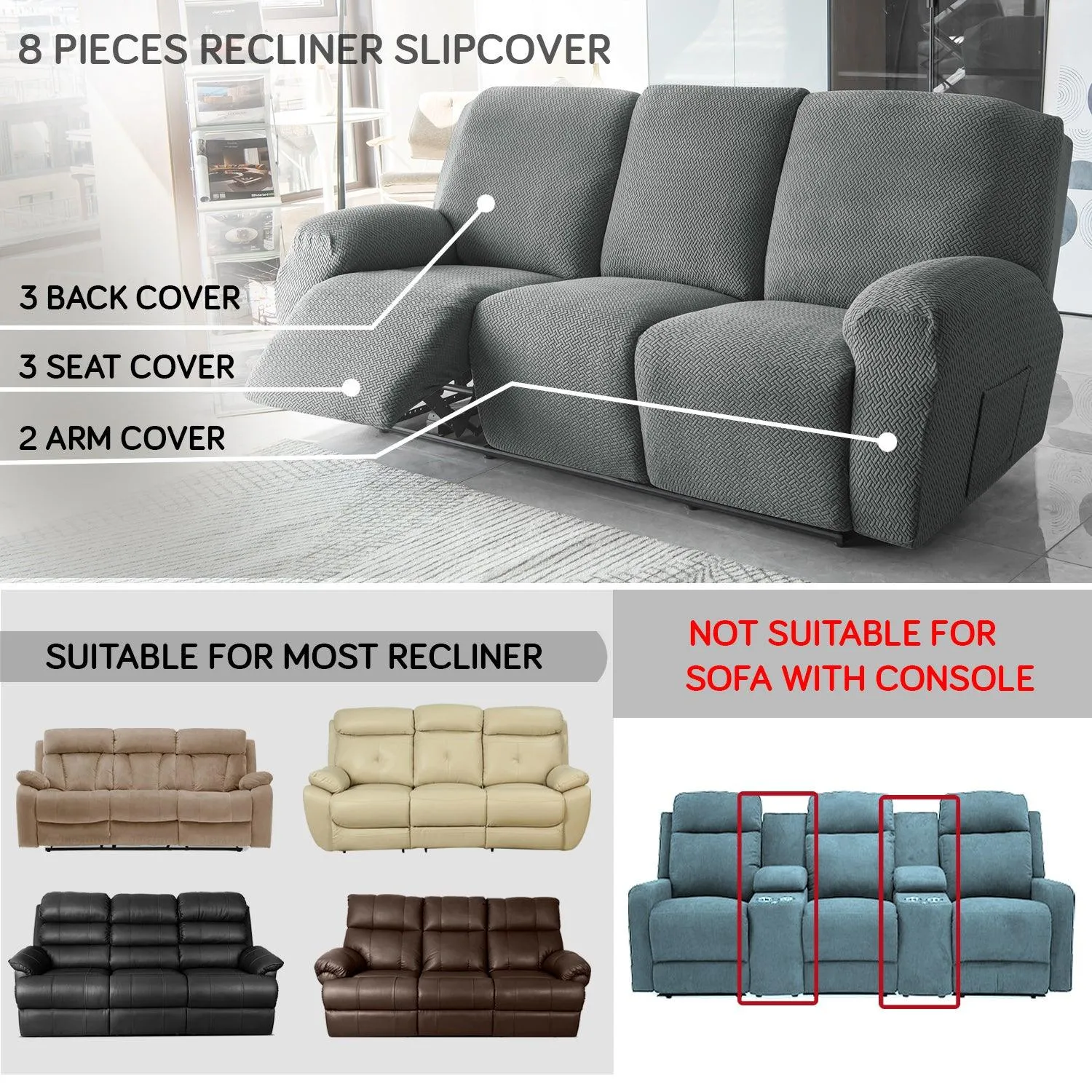 Grey Stretchable Jacquard Recliner Sofa Cover | Elastic & Anti-Slip